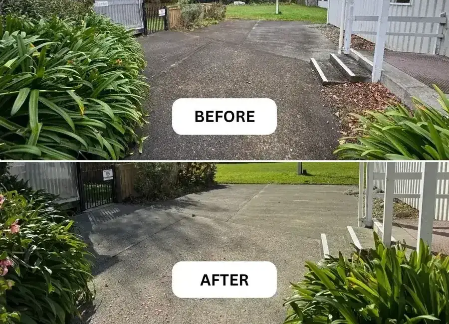 A concrete driveway in Nelson, half cleaned to show the before and after