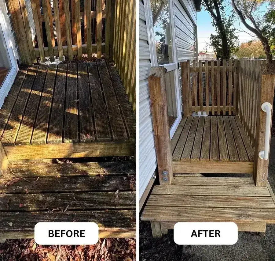 A timber deck in Nelson before and after pressure cleaning