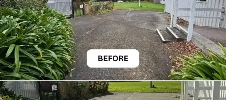 A concrete driveway in Nelson, half cleaned to show the before and after