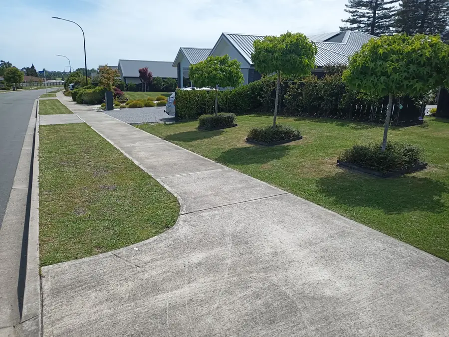Mown and edged lawns either side of a driveway