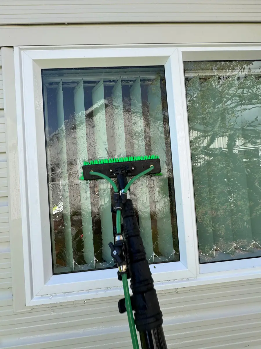Cleaning exterior windows in Nelson with a water-fed pole