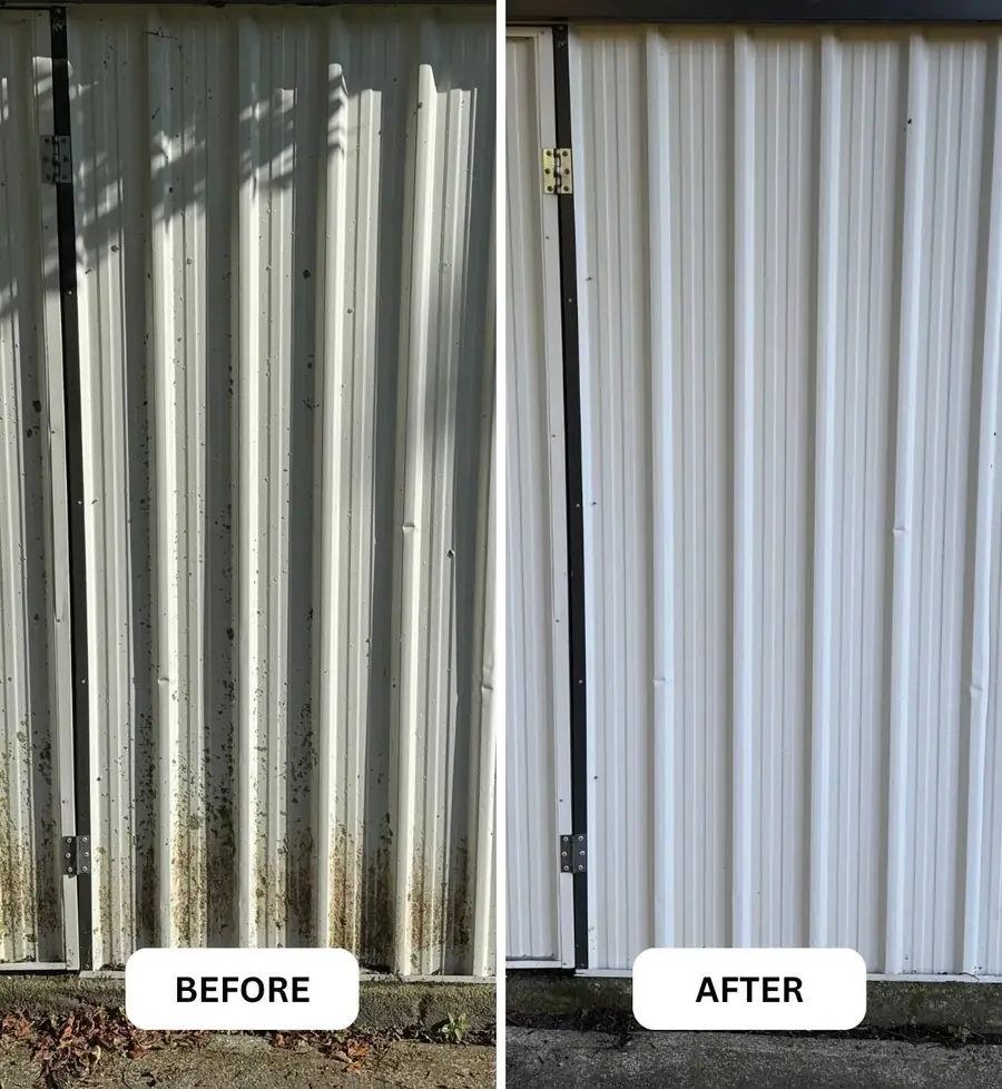A corrugated garden shed before and after an exterior wash
